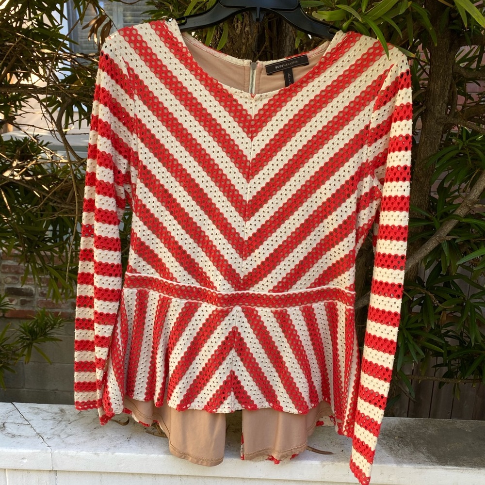 BCBG size large orange and ivory striped blouse with silver zipper